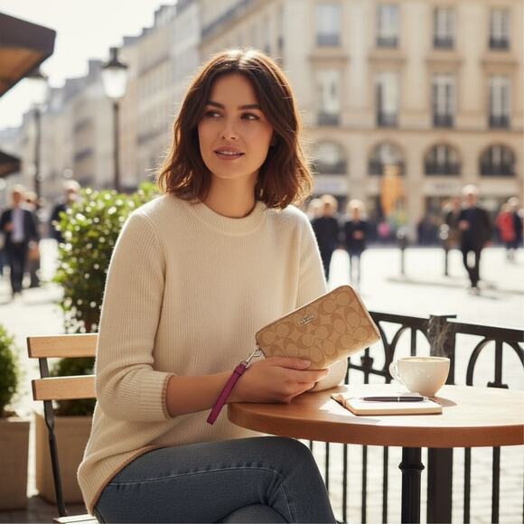 Coach Long Zip Around Wallet Signature Canvas Light Khaki Raspberry Pink C4452 - Picture 4 of 4